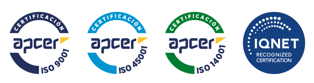 Certificaciones ISO 9001 (Calidad), ISO 14001 (Medio Ambiente) y ISO 45001 (Seguridad y Salud Laboral)